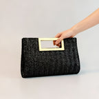 Elegant Striped Woven Clutch Metal Handle Chain Strap