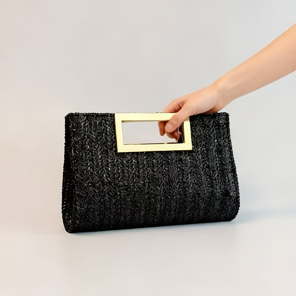 Elegant Striped Woven Clutch Metal Handle Chain Strap