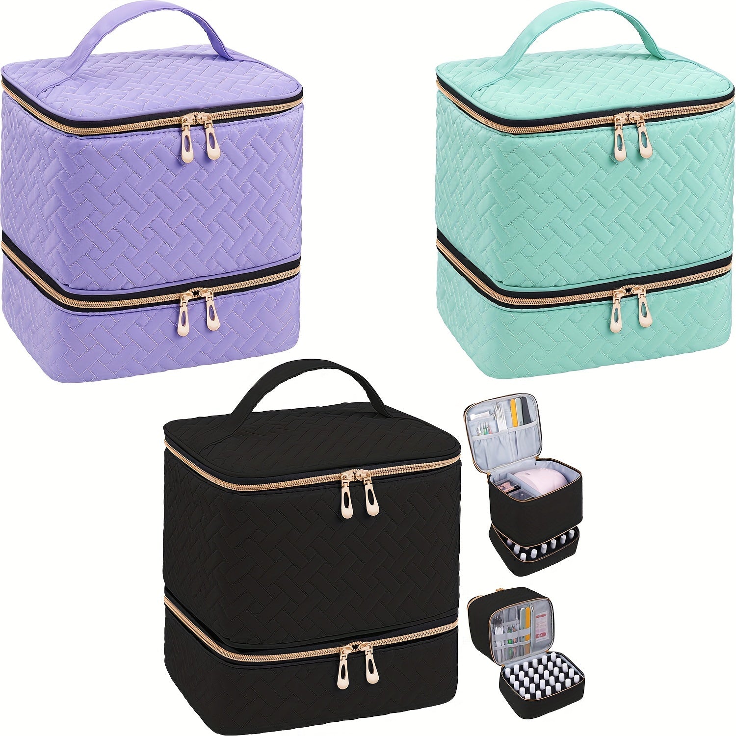 Quilted DualCompartment Makeup  Nail Polish Organizer Bag