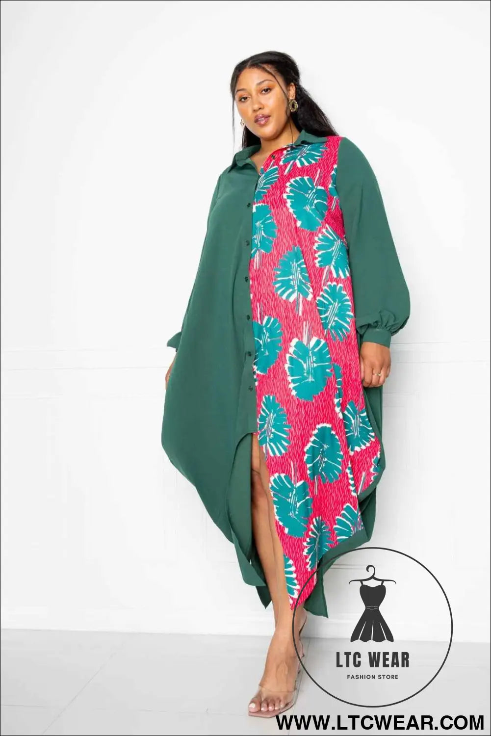 Print Drapy Shirt Maxi Dress