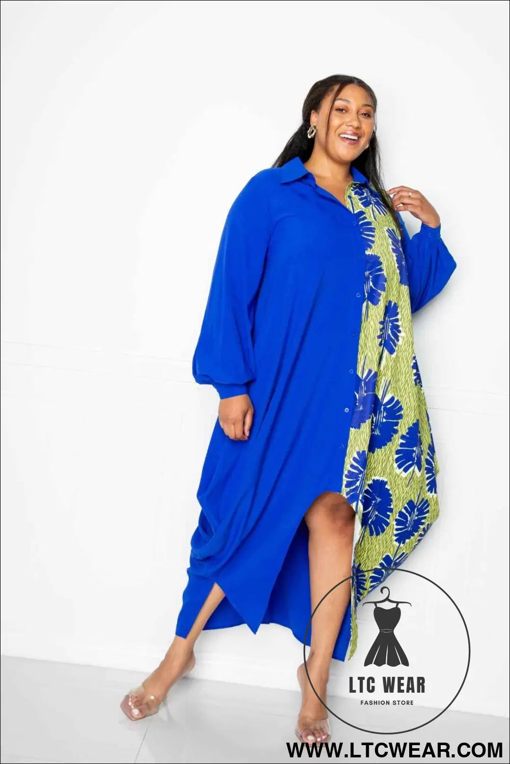 Print Drapy Shirt Maxi Dress