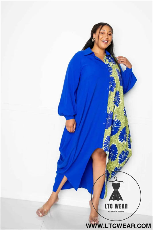 Print Drapy Shirt Maxi Dress