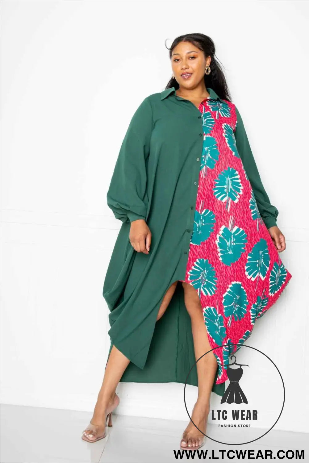 Print Drapy Shirt Maxi Dress
