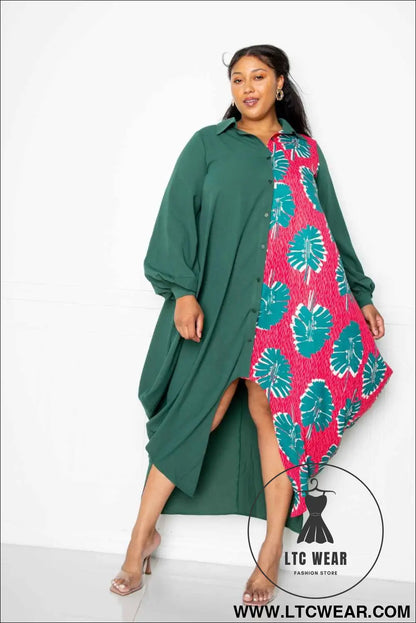 Print Drapy Shirt Maxi Dress
