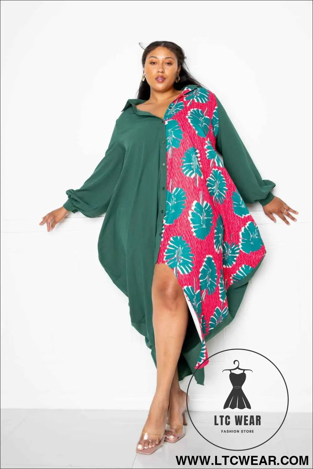 Print Drapy Shirt Maxi Dress