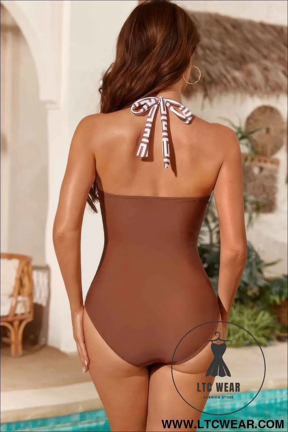 Printed Halter Deep V Neck Bodycon Swimsuit