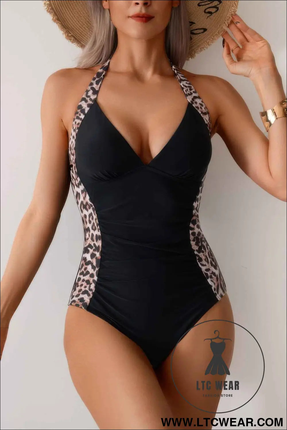Printed Halter Deep V Neck Bodycon Swimsuit