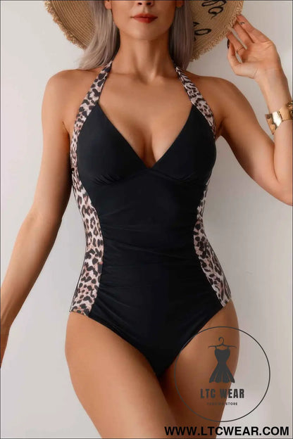 Printed Halter Deep V Neck Bodycon Swimsuit