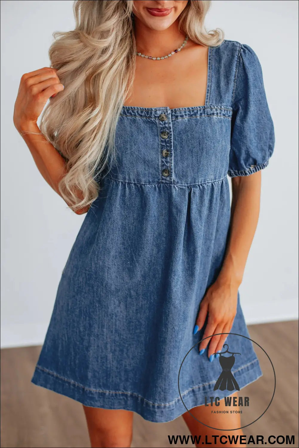Prussian blue button square neck short puff sleeve denim mini dress - mini dresses