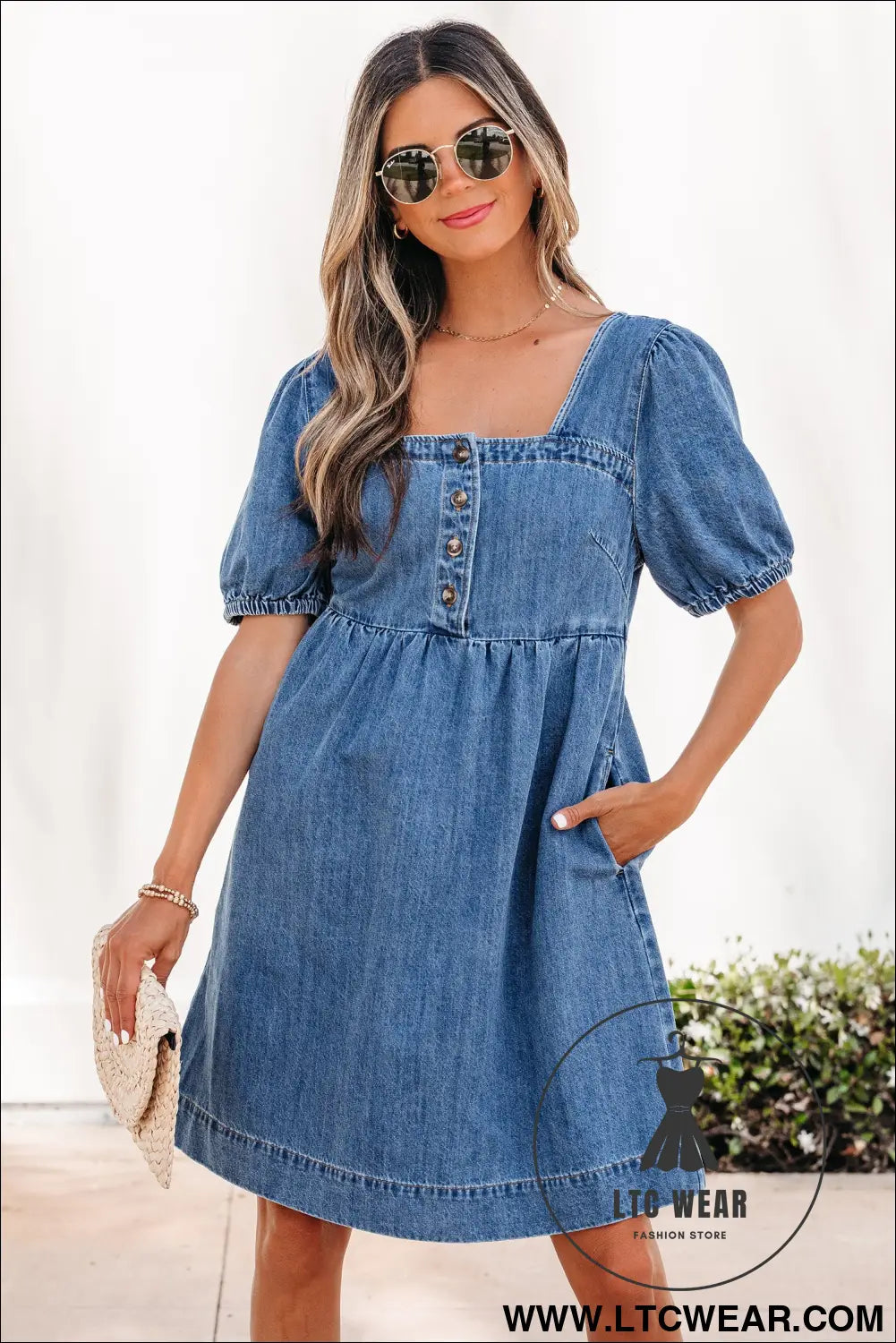 Prussian blue button square neck short puff sleeve denim mini dress - mini dresses