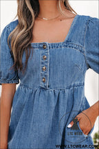 Prussian blue button square neck short puff sleeve denim mini dress - mini dresses