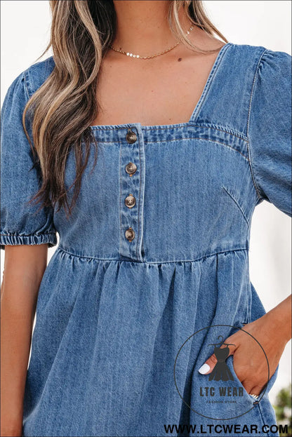 Prussian blue button square neck short puff sleeve denim mini dress - mini dresses