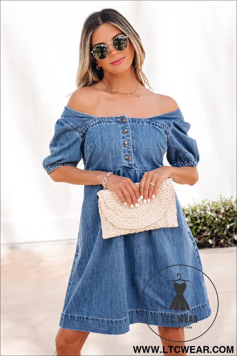 Prussian blue button square neck short puff sleeve denim mini dress - prussian blue / l / 85% cotton + 15% polyester