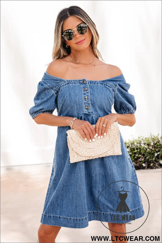 Prussian blue button square neck short puff sleeve denim mini dress - prussian blue / l / 85% cotton + 15% polyester