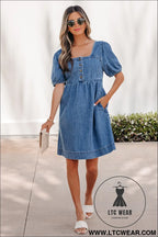 Prussian blue button square neck short puff sleeve denim mini dress - mini dresses
