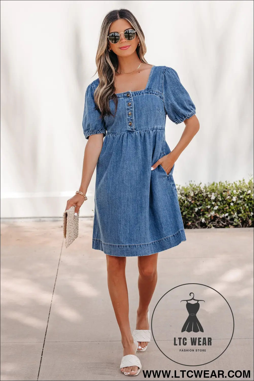 Prussian blue button square neck short puff sleeve denim mini dress - mini dresses