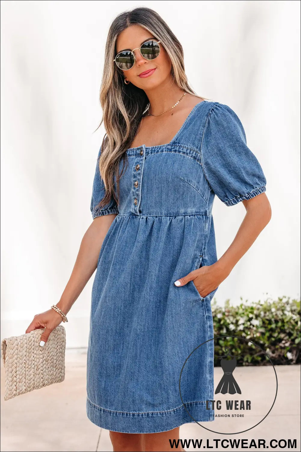 Prussian blue button square neck short puff sleeve denim mini dress - mini dresses