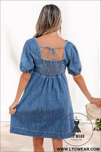 Prussian blue button square neck short puff sleeve denim mini dress - mini dresses