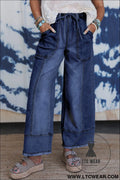 Prussian blue drawstring seam detail raw hem wide leg jeans - prussian blue / 10 / 75% cotton + 23% polyester + 2%