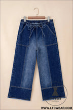 Prussian blue drawstring seam detail raw hem wide leg jeans - jeans