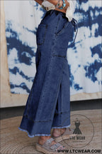Prussian blue drawstring seam detail raw hem wide leg jeans - jeans