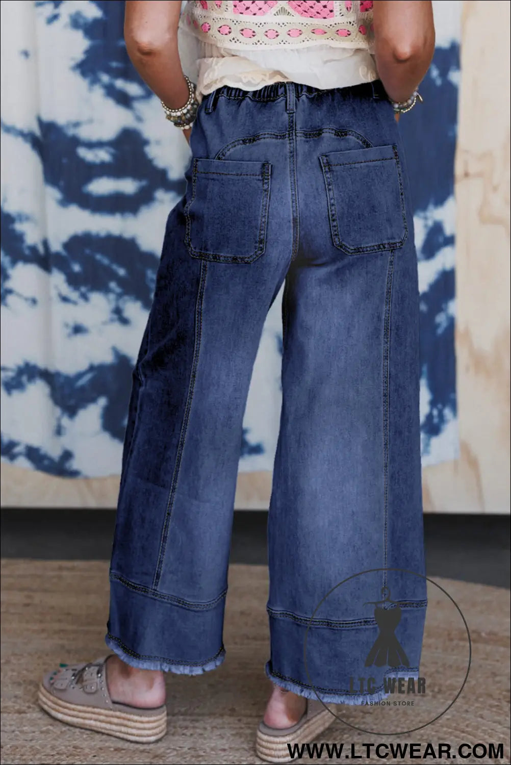 Prussian blue drawstring seam detail raw hem wide leg jeans - jeans