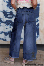 Prussian blue drawstring seam detail raw hem wide leg jeans - jeans