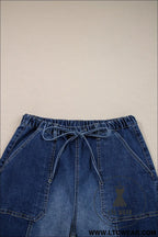 Prussian blue drawstring seam detail raw hem wide leg jeans - jeans