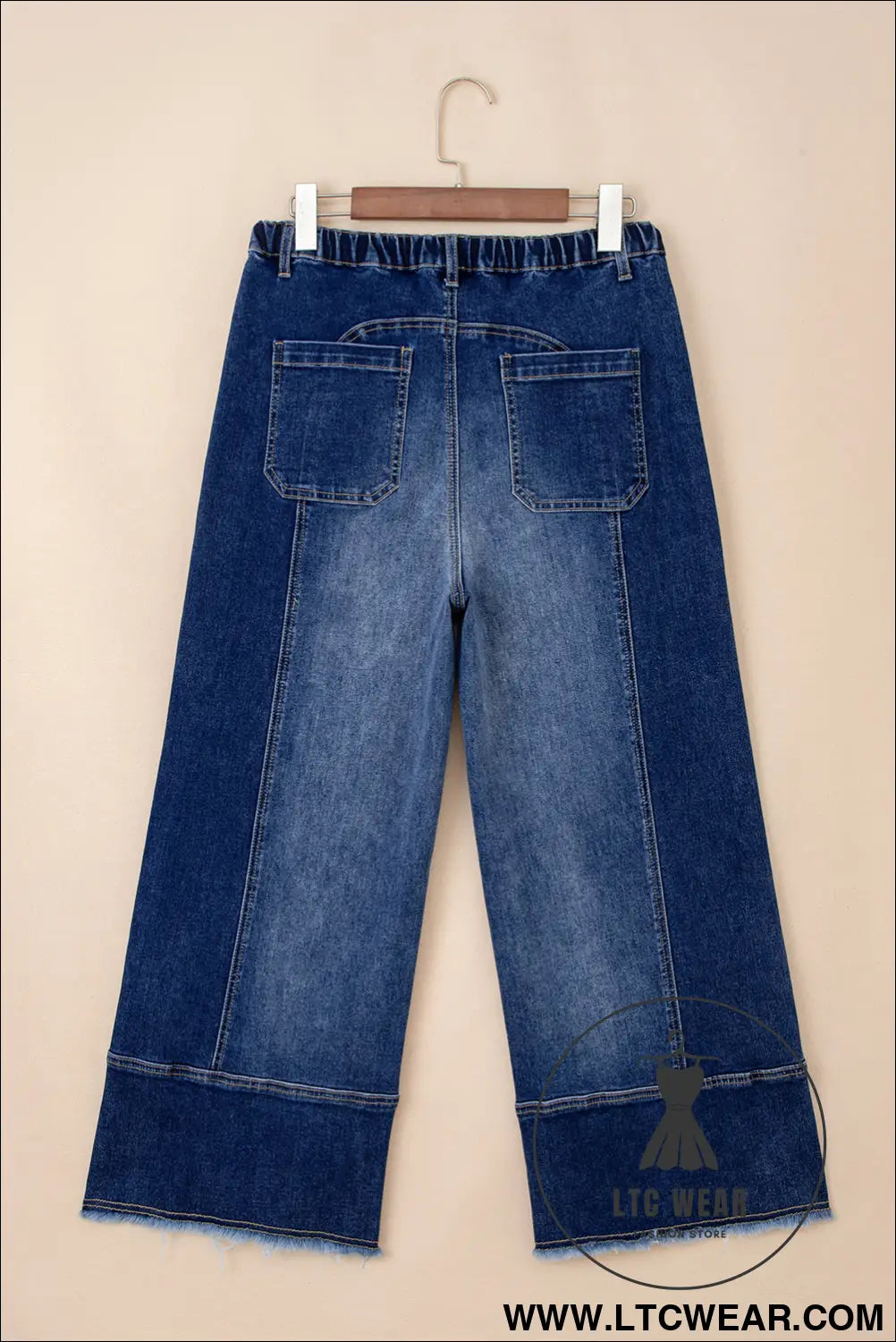Prussian blue drawstring seam detail raw hem wide leg jeans - jeans