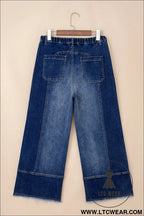 Prussian blue drawstring seam detail raw hem wide leg jeans - jeans