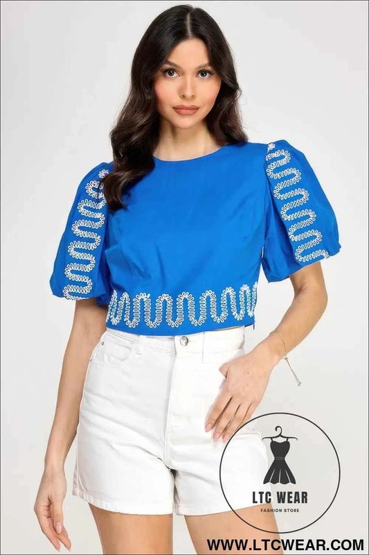Puff Bubble Sleeve Top With Embroidery Detail