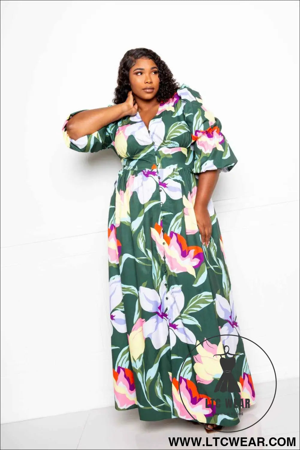 Puff Sleeve Button Front Dress