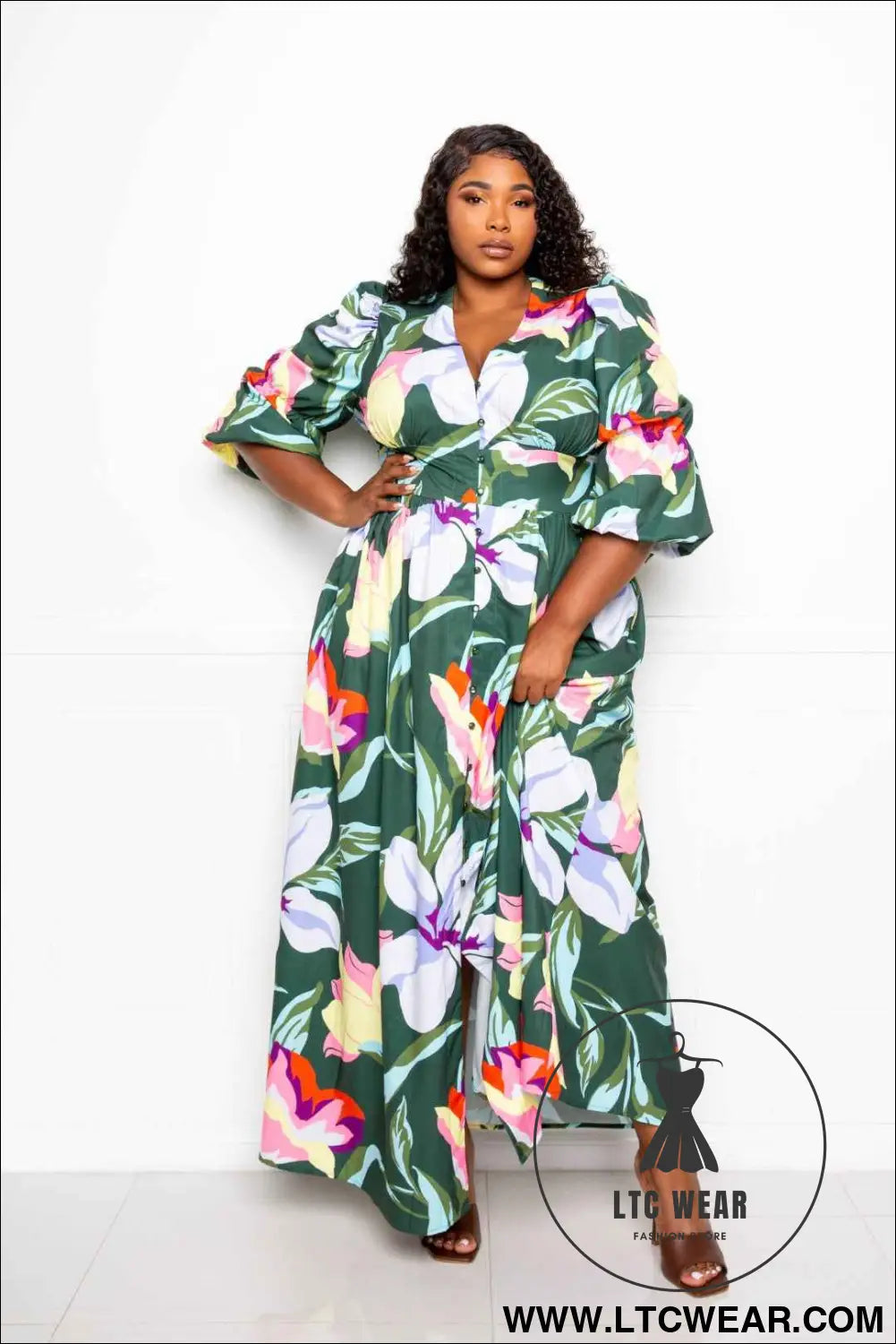 Puff Sleeve Button Front Dress