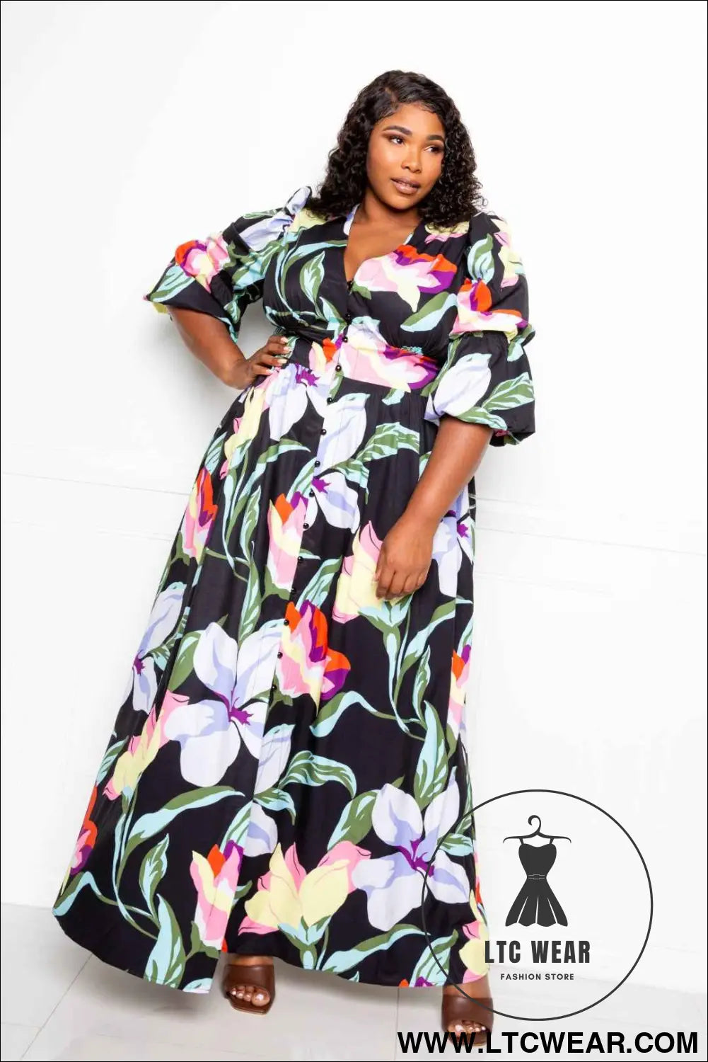 Puff Sleeve Button Front Dress