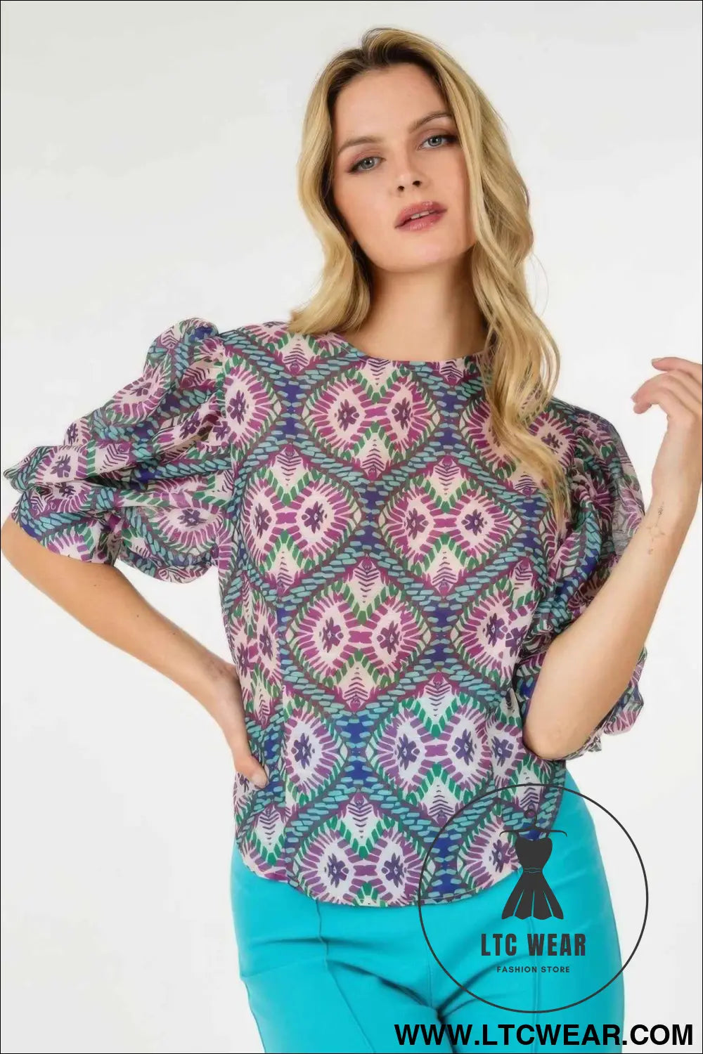 Puff Sleeve Multi-print Top