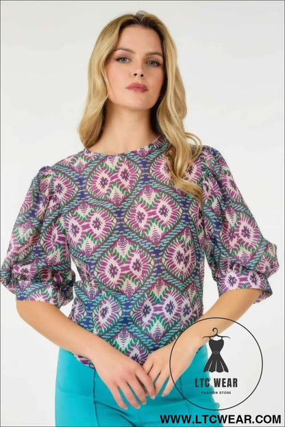 Puff Sleeve Multi-print Top