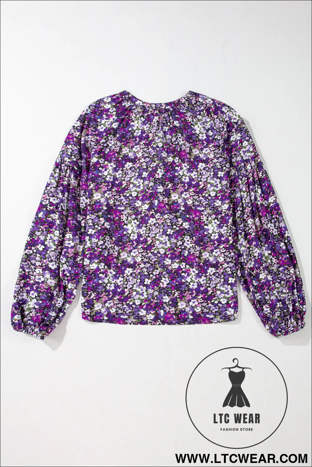 Purple boho ditsy floral split v neck bubble sleeve blouse - 20%