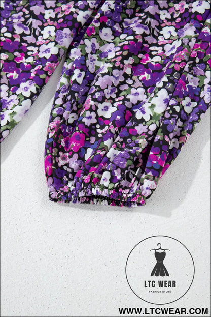 Purple boho ditsy floral split v neck bubble sleeve blouse - 20%