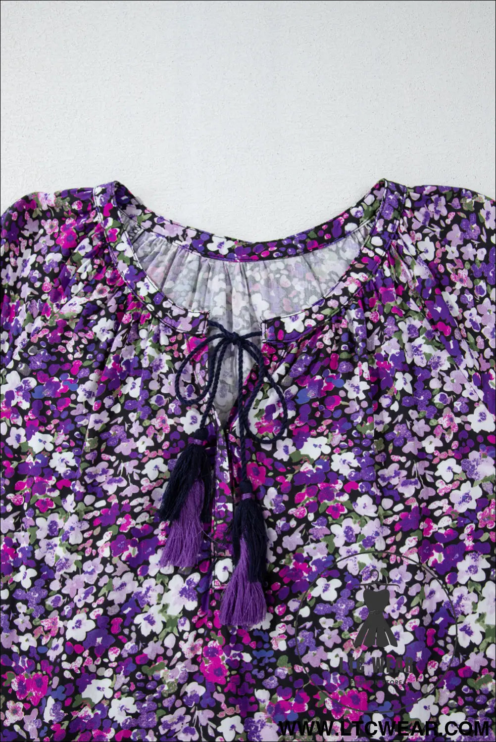 Purple boho ditsy floral split v neck bubble sleeve blouse - 20%
