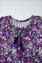 Purple boho ditsy floral split v neck bubble sleeve blouse - 20%