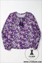 Purple boho ditsy floral split v neck bubble sleeve blouse - 20%