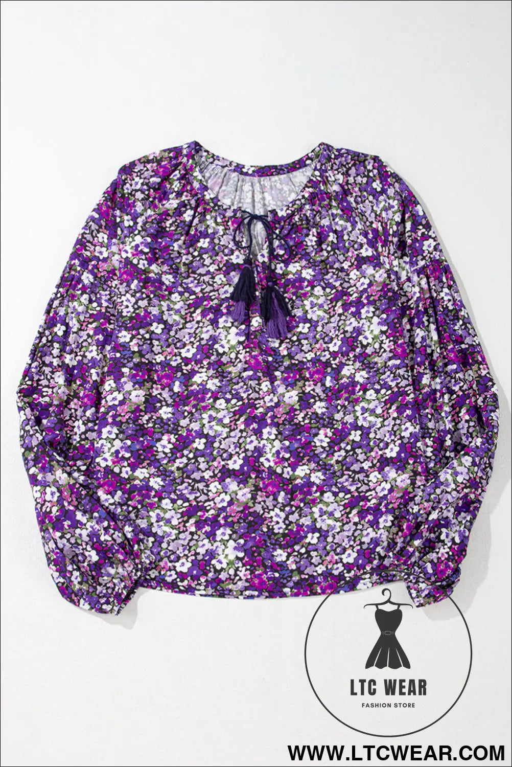 Purple boho ditsy floral split v neck bubble sleeve blouse - 20%