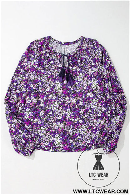 Purple boho ditsy floral split v neck bubble sleeve blouse - 20%