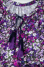 Purple boho ditsy floral split v neck bubble sleeve blouse - 20%