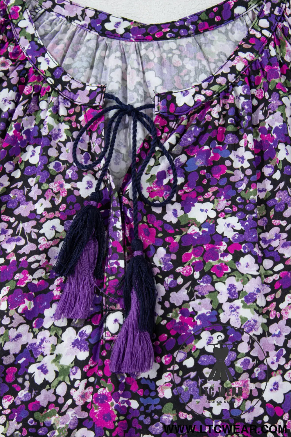 Purple boho ditsy floral split v neck bubble sleeve blouse - 20%
