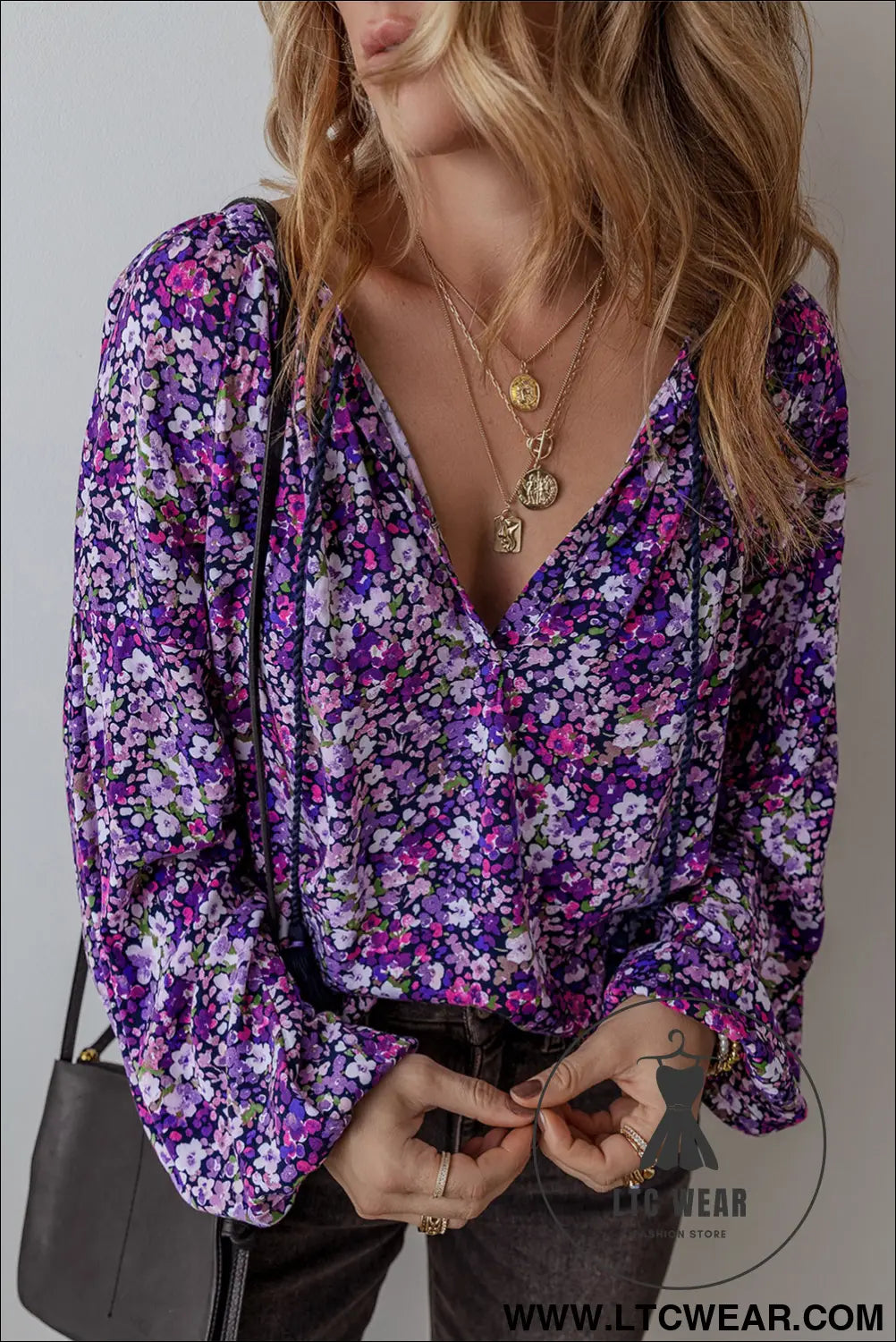 Purple boho ditsy floral split v neck bubble sleeve blouse - 20%