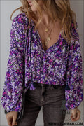 Purple boho ditsy floral split v neck bubble sleeve blouse - purple / 2xl / 100% polyester - 20%