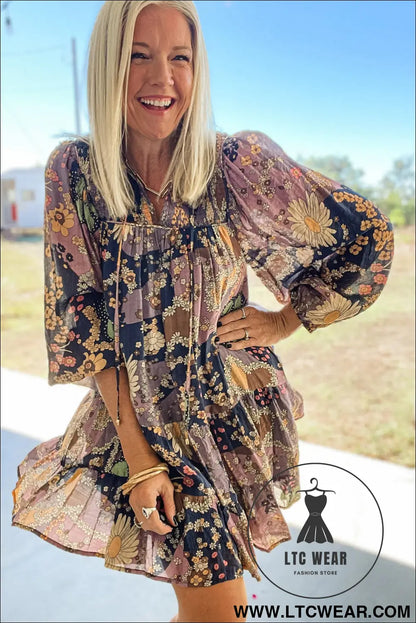 Purple Boho Floral Print Puff Sleeve Flowy Mini Dress - L.T.C Wear Online Fashion Store