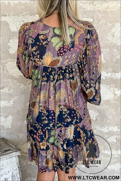 Purple Boho Floral Print Puff Sleeve Flowy Mini Dress