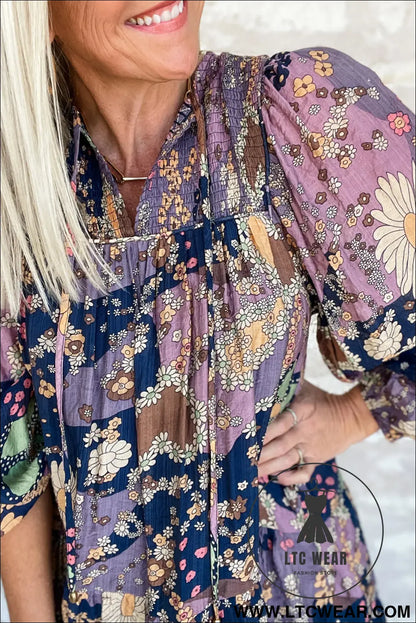 Purple Boho Floral Print Puff Sleeve Flowy Mini Dress - L.T.C Wear Online Fashion Store